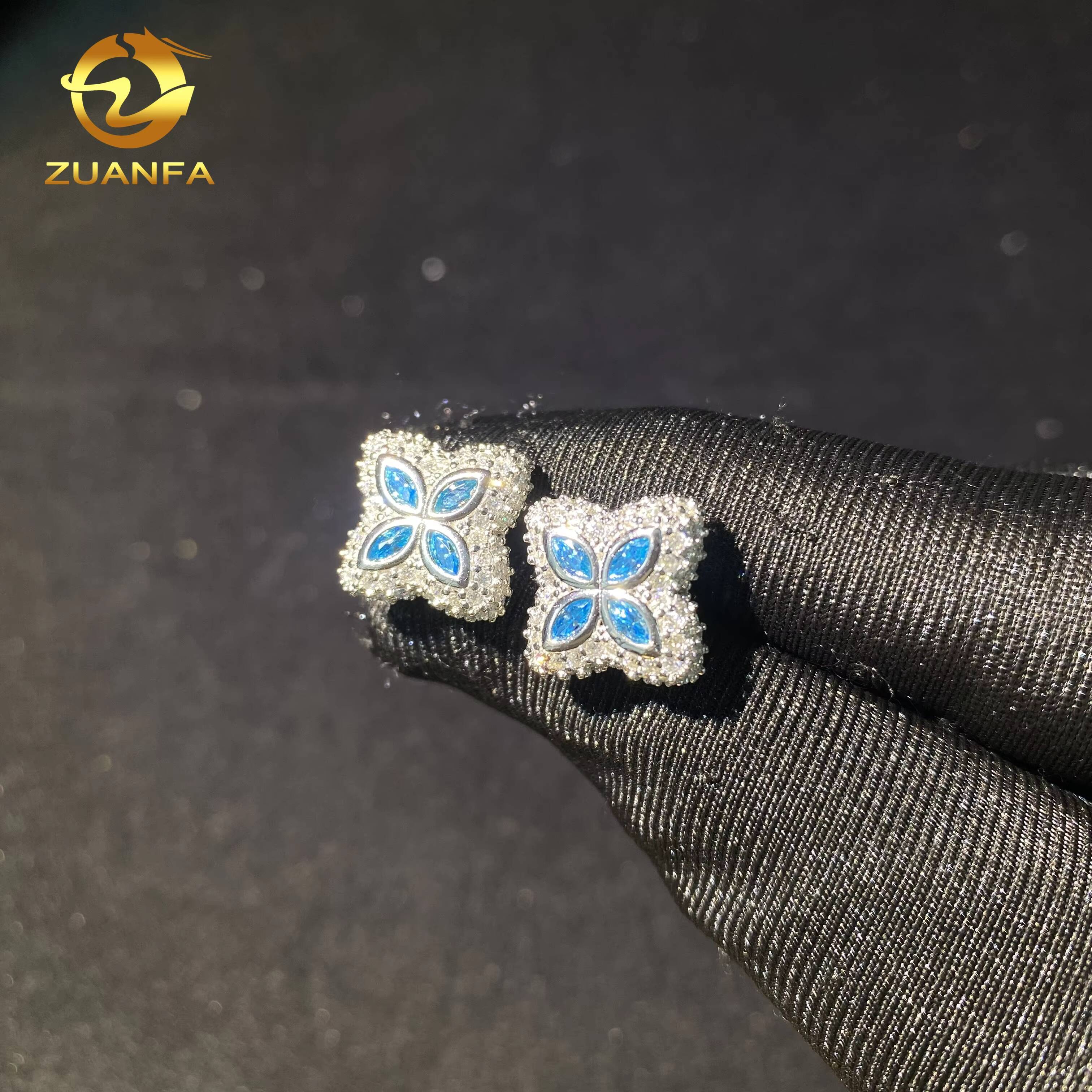 Ready to Ship Luxury 15mm 925 Silver Trendy Screw Back Ear Studs Iced Out Hip Hop Jewelry VVS Moissanite Clover Stud Earrings