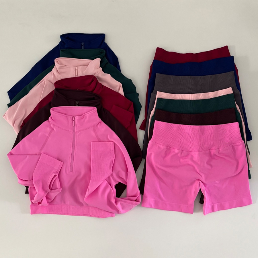 Gym Set Women Seamless Crop Top shirts Half Zipper Long Sleeves Yoga Set Fitness Clothing Scrunch Bum Yoga Shorts Tank Top Workout Outfits Sportswear Tracksuit