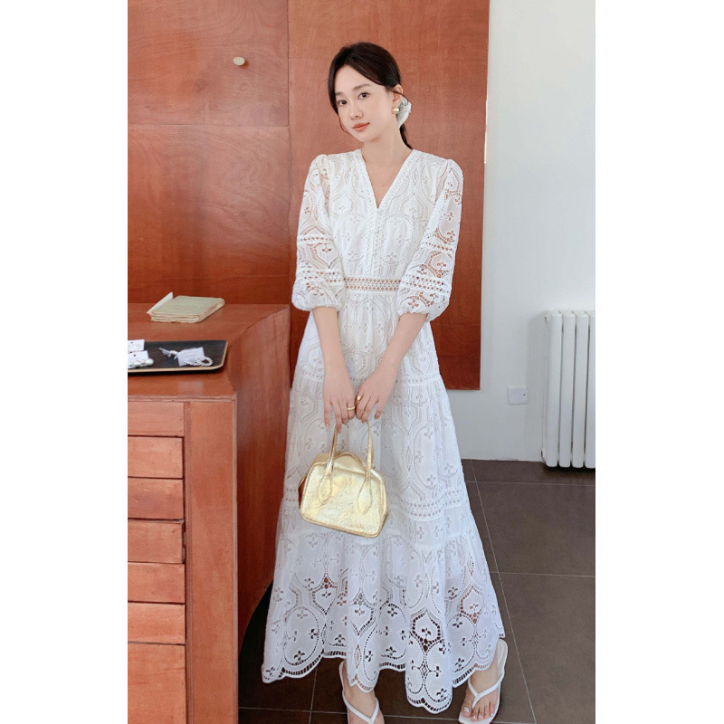 Women Sexy Deep V-Neck Layers Ruffles Party Long Dress self portrait Spring Hollow Out Lace Sleeve Maxi Cake 210520