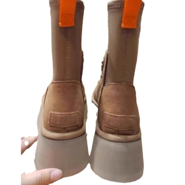 New Elastic Sock Tube Dip Boots for Women Winter Thick Sole Height Increasing Sheepskin Snow Boots with Fleece Lining and Thickened Cotton Shoes