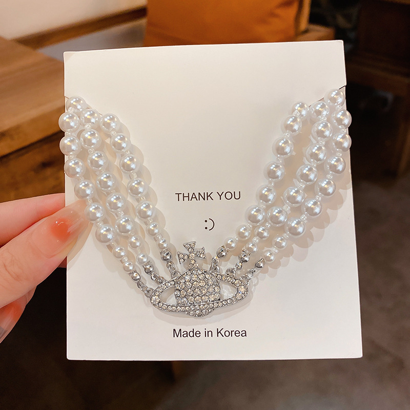 Luxury Brand Designer Jewelry Inlaid Diamond Saturn Pearl Three-Layer Necklace Baroque Style Vintage Choker Niche Design Fashion Jewelry For Women