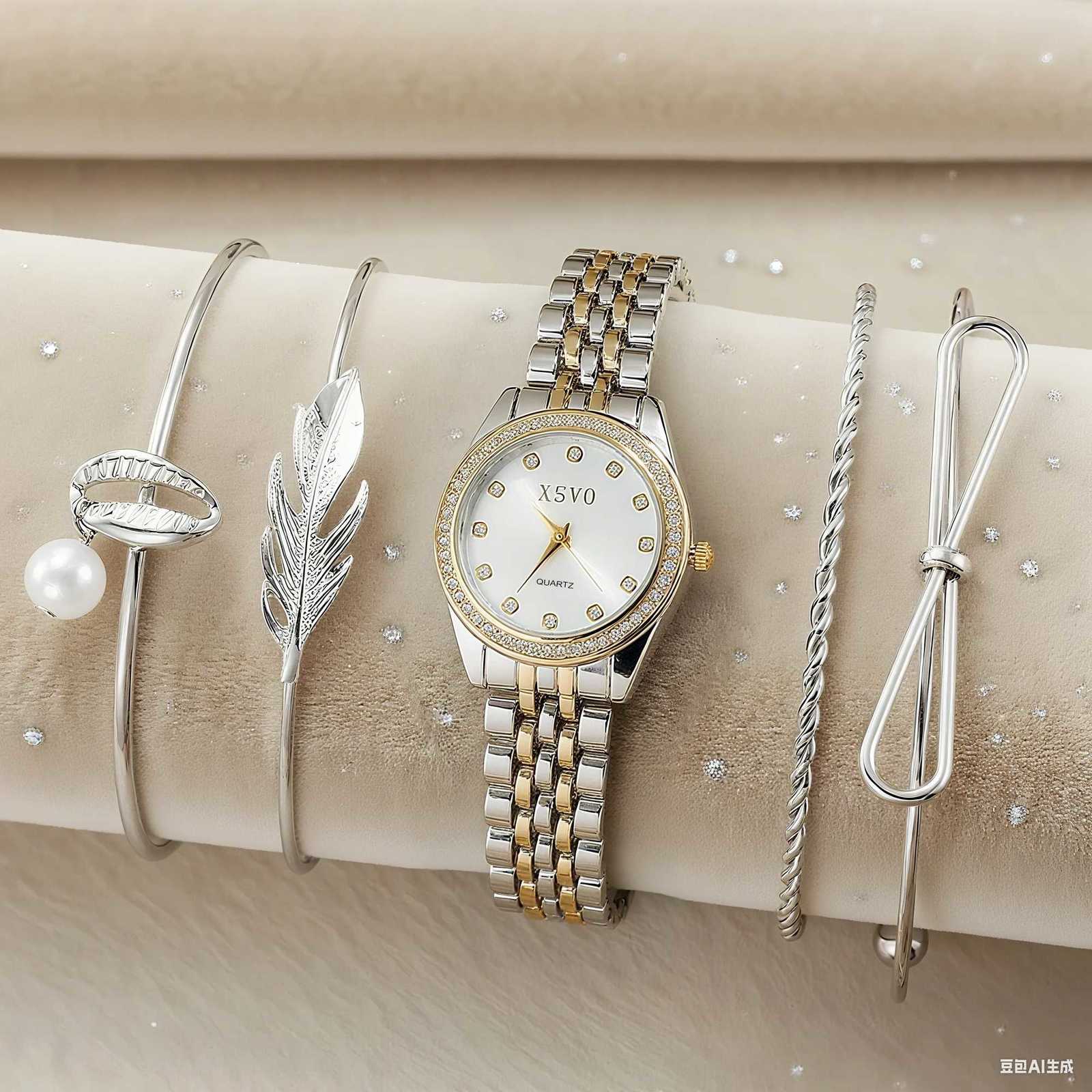 Light luxury simple fashion Diamond round dial point diamond sc alloy steel band wens quartz jewelry set of M251222