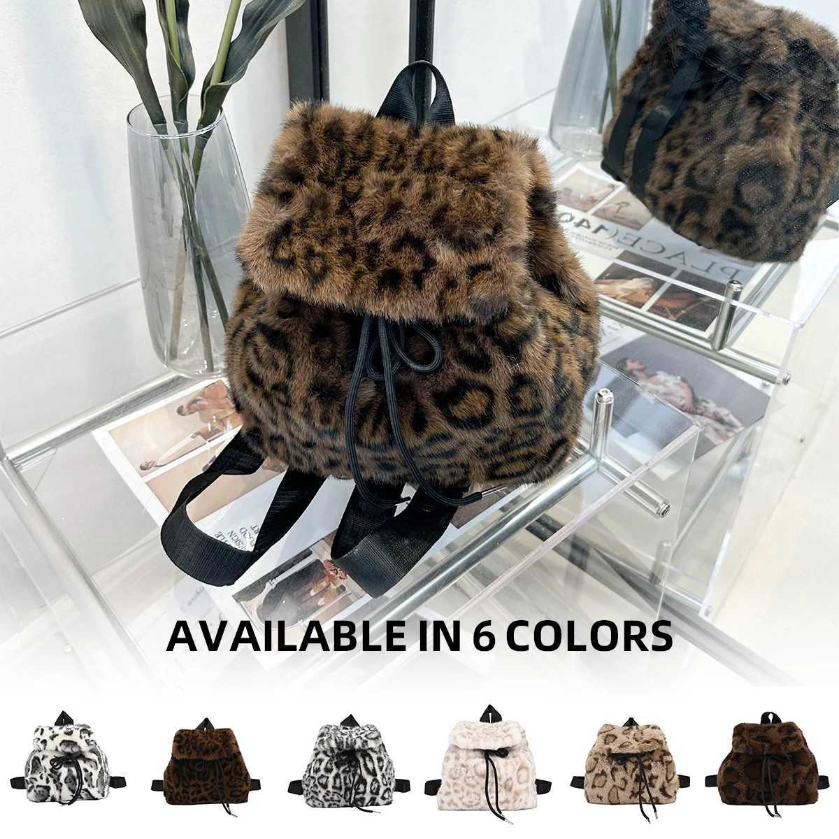 Korean Style Cute Leopard Print Faux Fur Backpack New Autumn and Winter Casual Furry Bag Plush Small Backpack for Commuting to WorkM251222