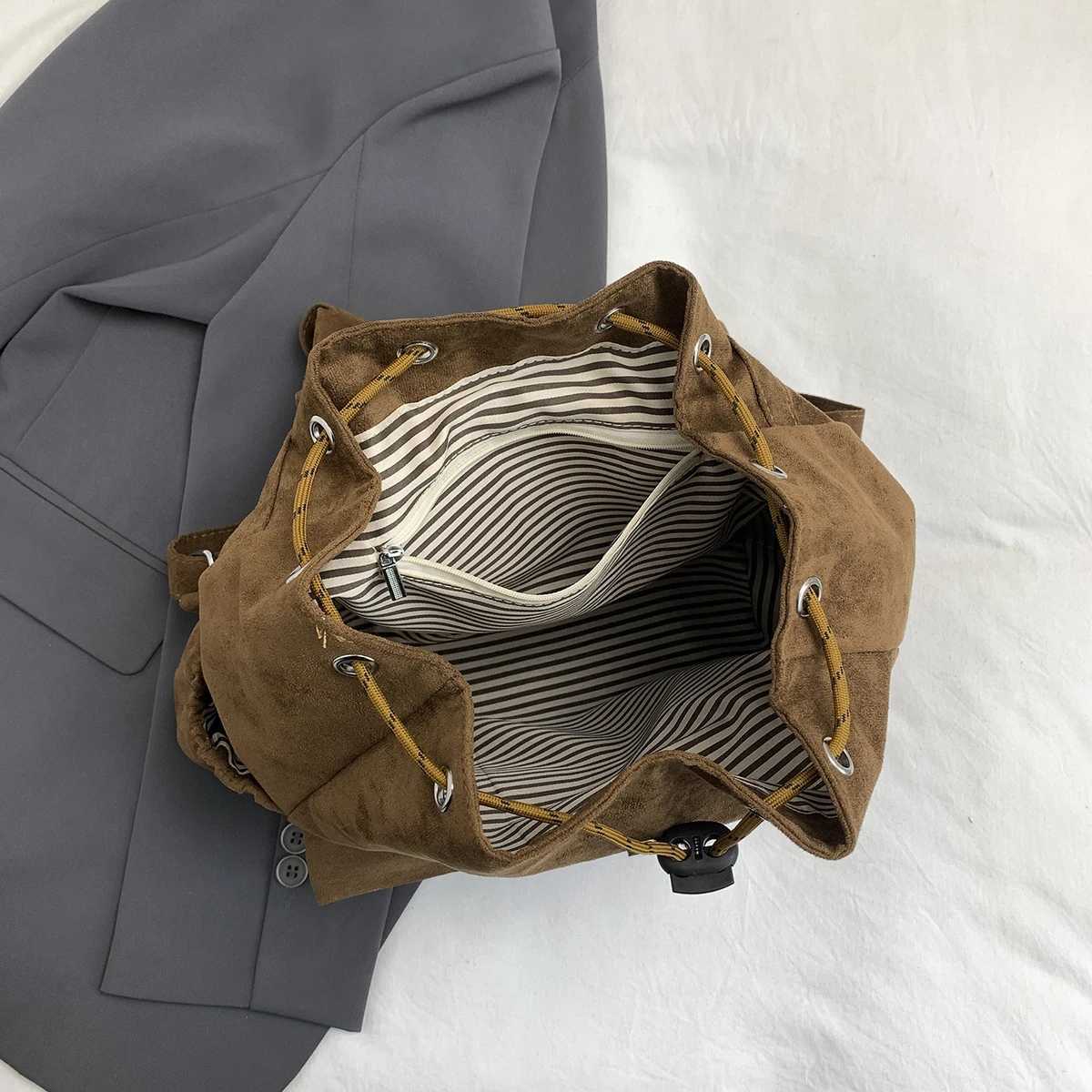 iche Suede Korean-Style Drawstring Backpack Lightweight Double-Pocket Simple Suede Womens Backpack Hiking Bag for Trekking Shopping Outings and WorkM2