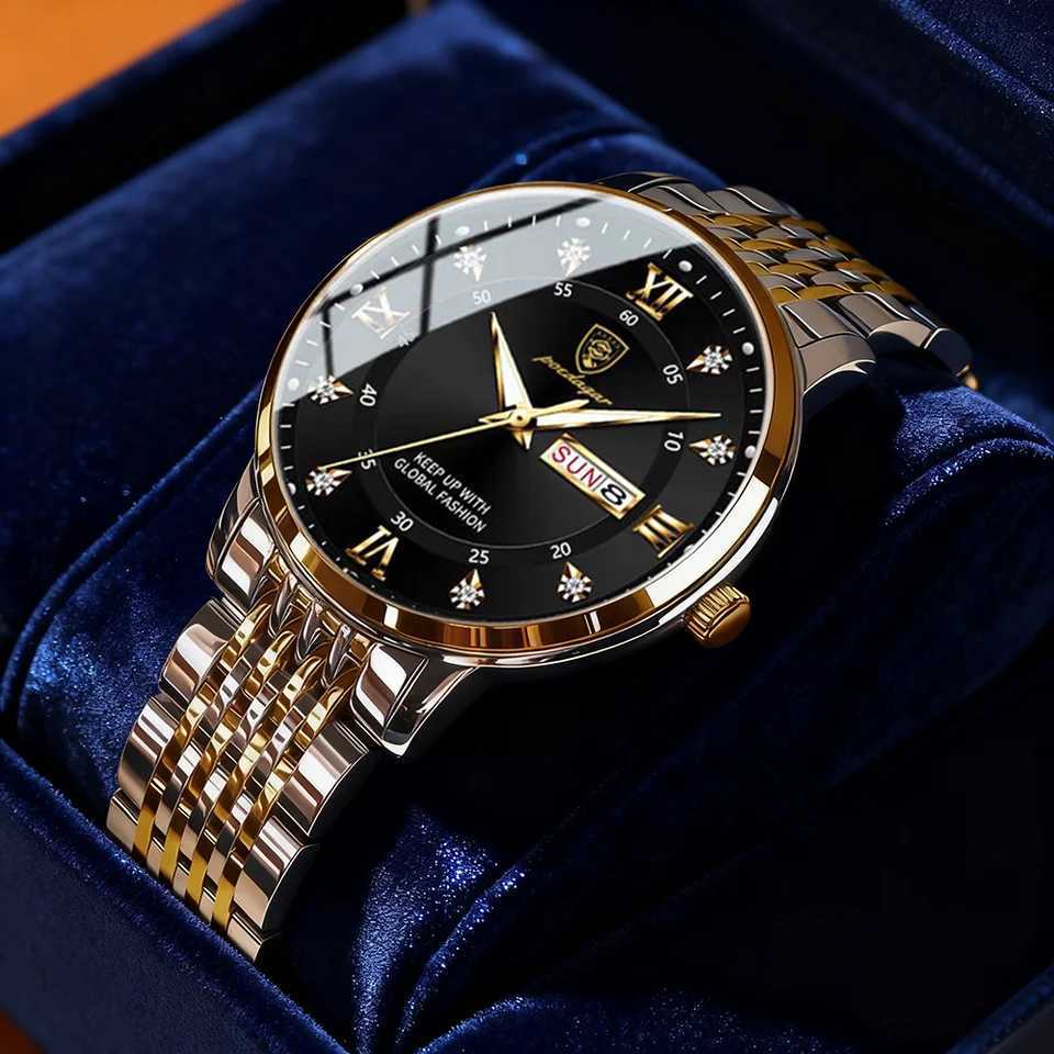 POEDAGAR Men es Stainl Steel Push Button Hidden Clasp Week Date Waterproof Luminous Top Brand Luxury Quartz Wrist M251222