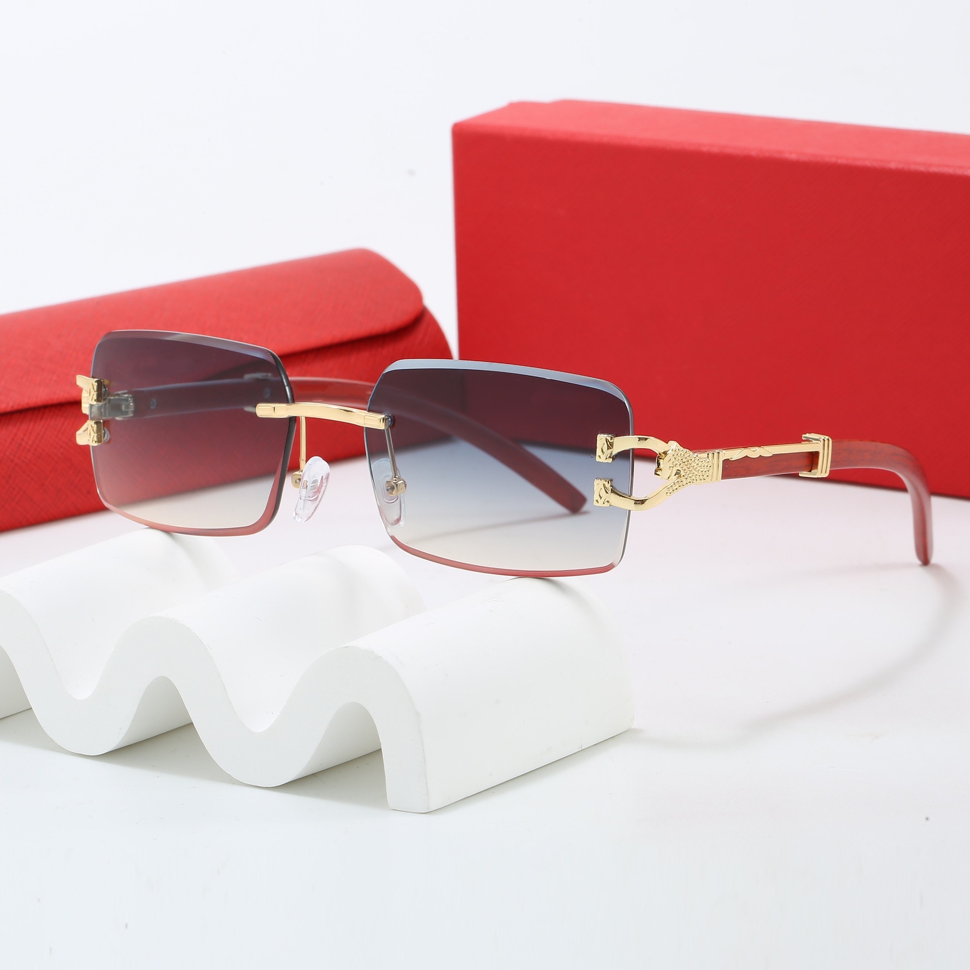 5A Wood Eyeglasses for Men Gold Frame Leopard Detail - Green Wooden Carving Sunglasses with Screwdriver and Storage Box Z260306