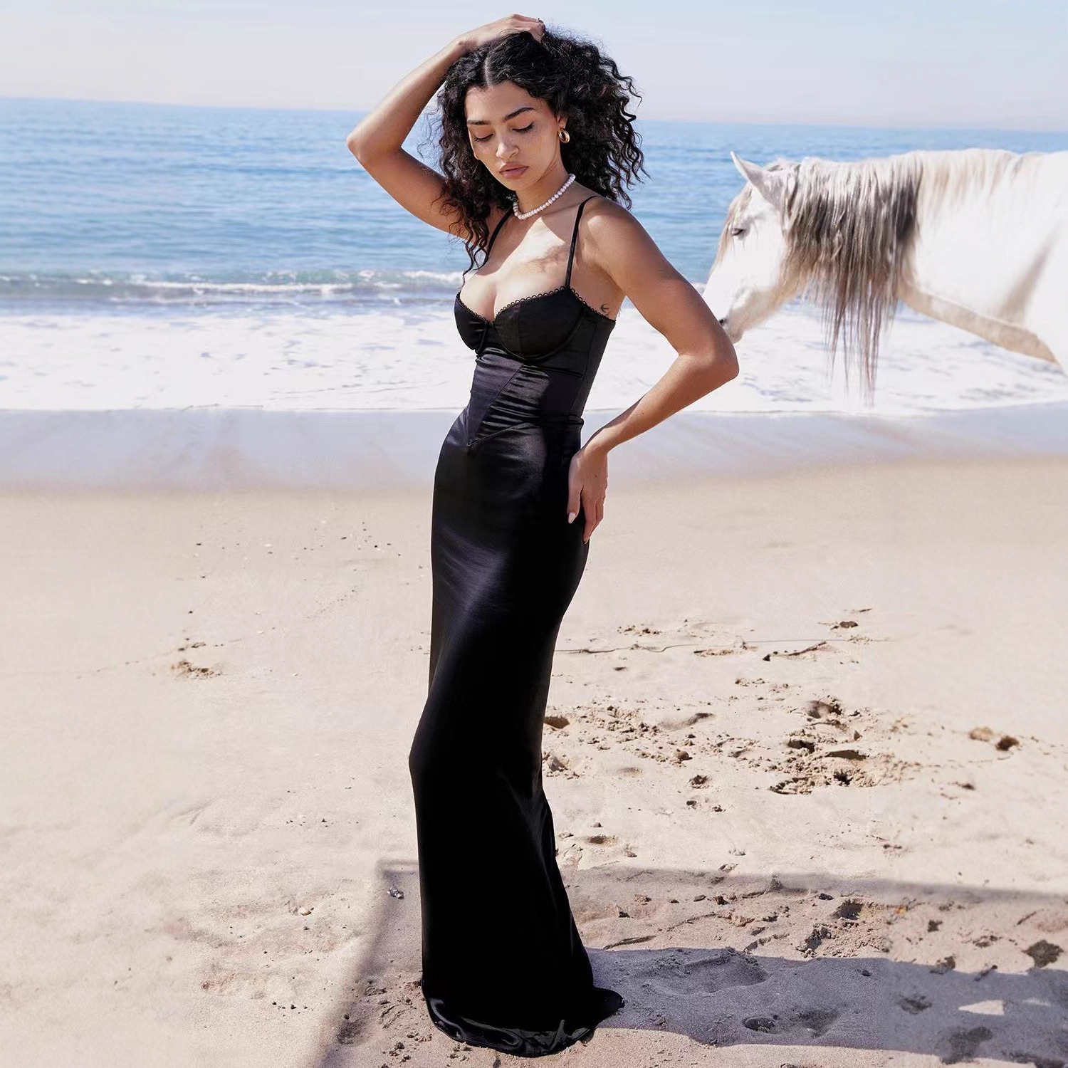 Wefads Women Midi Dress Elegant Simple Solid Sleeveless V Neck Suspender Nipped Waist Slim Backless Slit Evening Red Dresses 250228