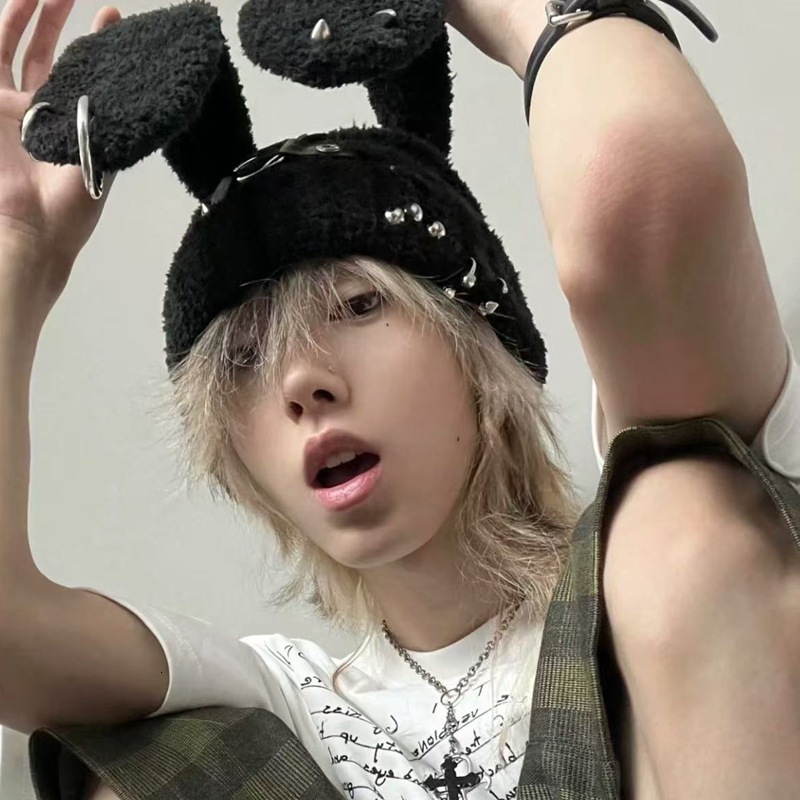 Rabbit Ears Autumn Winter Rivet Leather Buckle Round Ring Black Knitted Wool Hat Subculture Y2K Punk Hat
