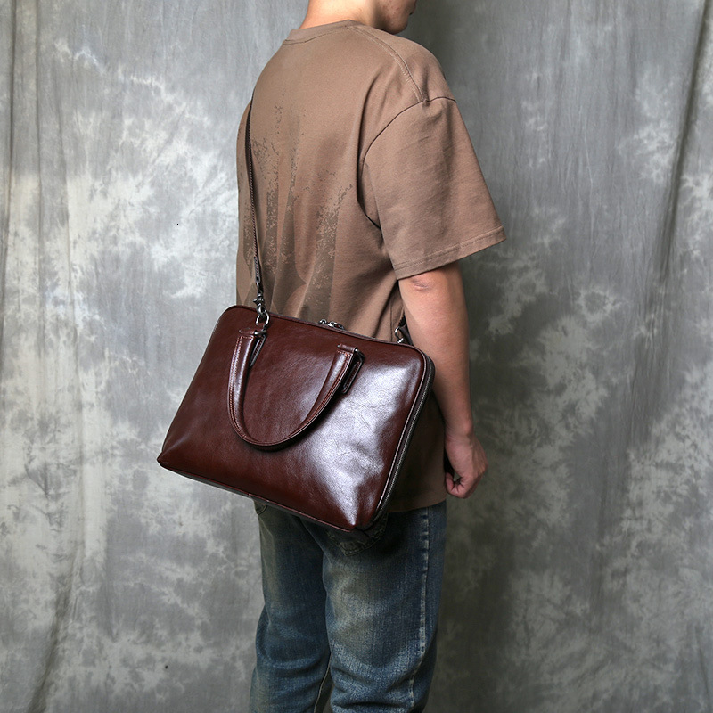 ZRCX Genuine Leather Vintage Man Handbag Briefcase Men Shoulder Bags Coffe Business Fashion 14 Inch Laptop Bag