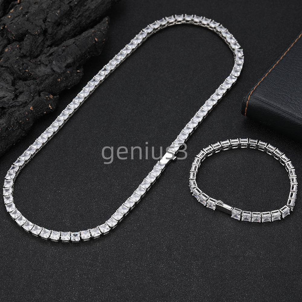 Fine Jewelry Hip Hop Style Womens 5mm 18K Gold Plated Brass Shiny Square moissanite Tennis Chain Necklace Gifts