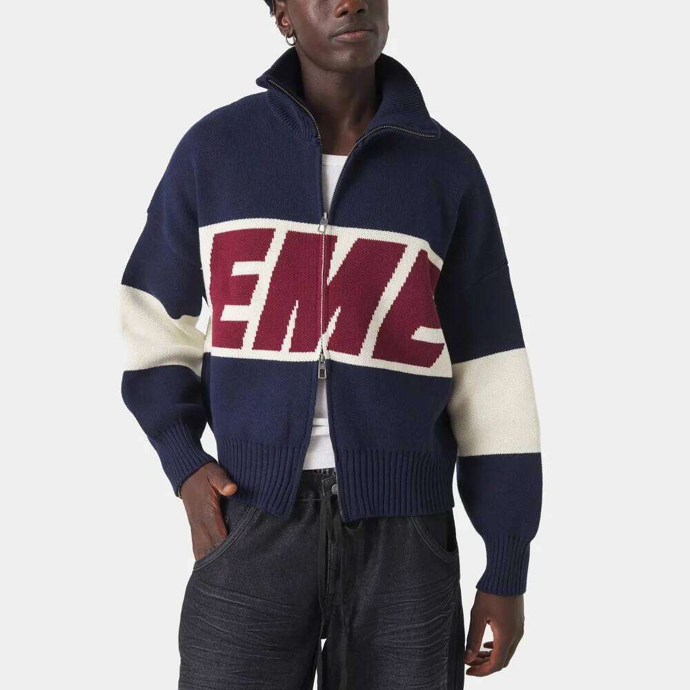 Eme Retro Original Style Color Contrast Letter Knitted Cardigan Y2k American Casual Zipper Sweater For Men And Women