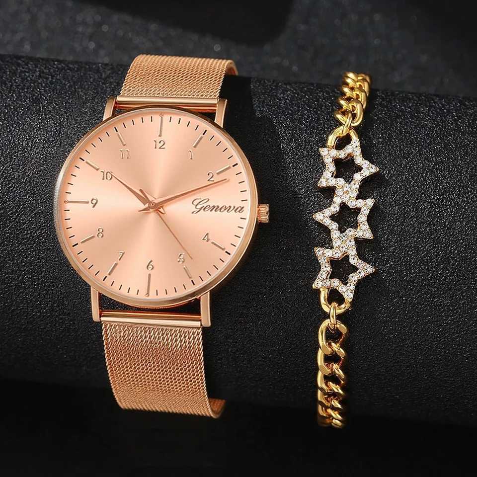 Wens Rose Gold Quartz Two-Piece Set with Star Fl Diamond Fashionable Quartz Christmas Gift M251222