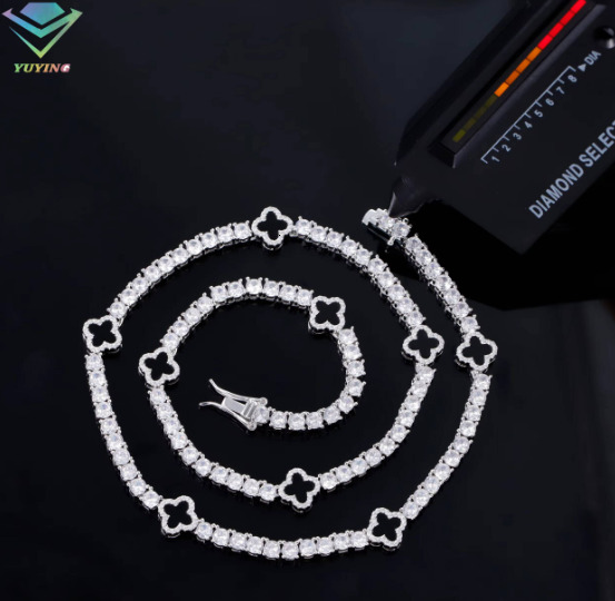 Iced Out 3mm 4mm 5mm 925 Silver Moissanite Diamond Tennis Necklace Clover Flower Design Chain Jewelry for Men and Women