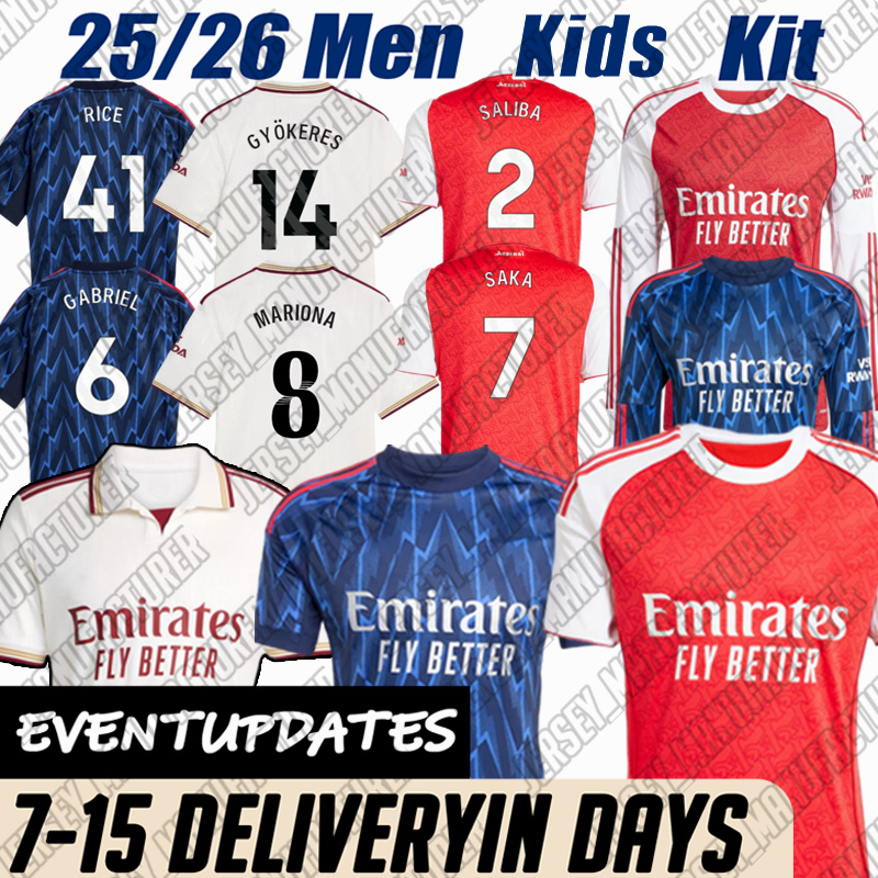 25 26 Arsenan jersey Kit SAKA RICE ODEGAARD SALIBA 2025 FootbaI GYOKERES ZUBIMENDI EZE HAVERTZ TIMBER MADUEKE Arsenalsjersey shirt Men Kids Sets Child Kit Shirt