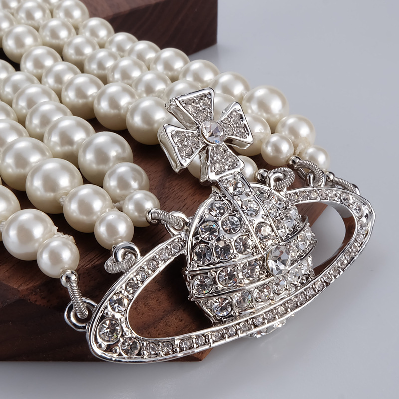 Luxury Brand Designer Jewelry Inlaid Diamond Saturn Pearl Three-Layer Necklace Baroque Style Vintage Choker Niche Design Fashion Jewelry For Women