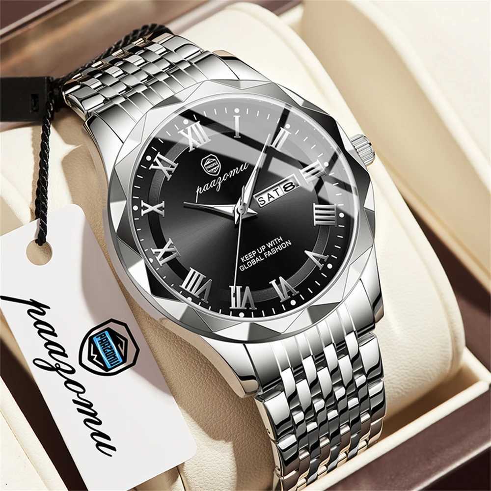 PAAZU Luxury Man Clock Date Luminous Waterproof Stainl Steel Men Wrist Busin Fashion Quartz Mens es M251222
