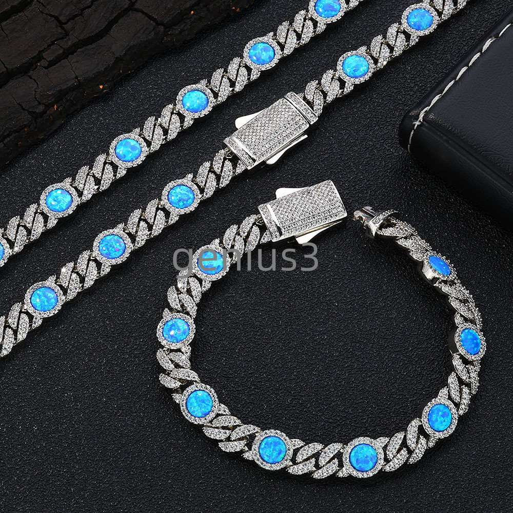 New Style 8mm 18K Gold Plated Cuban Chain Bracelet Round Blue Opal Customized Size Cuban Chain Hip Hop Jewelry for Women