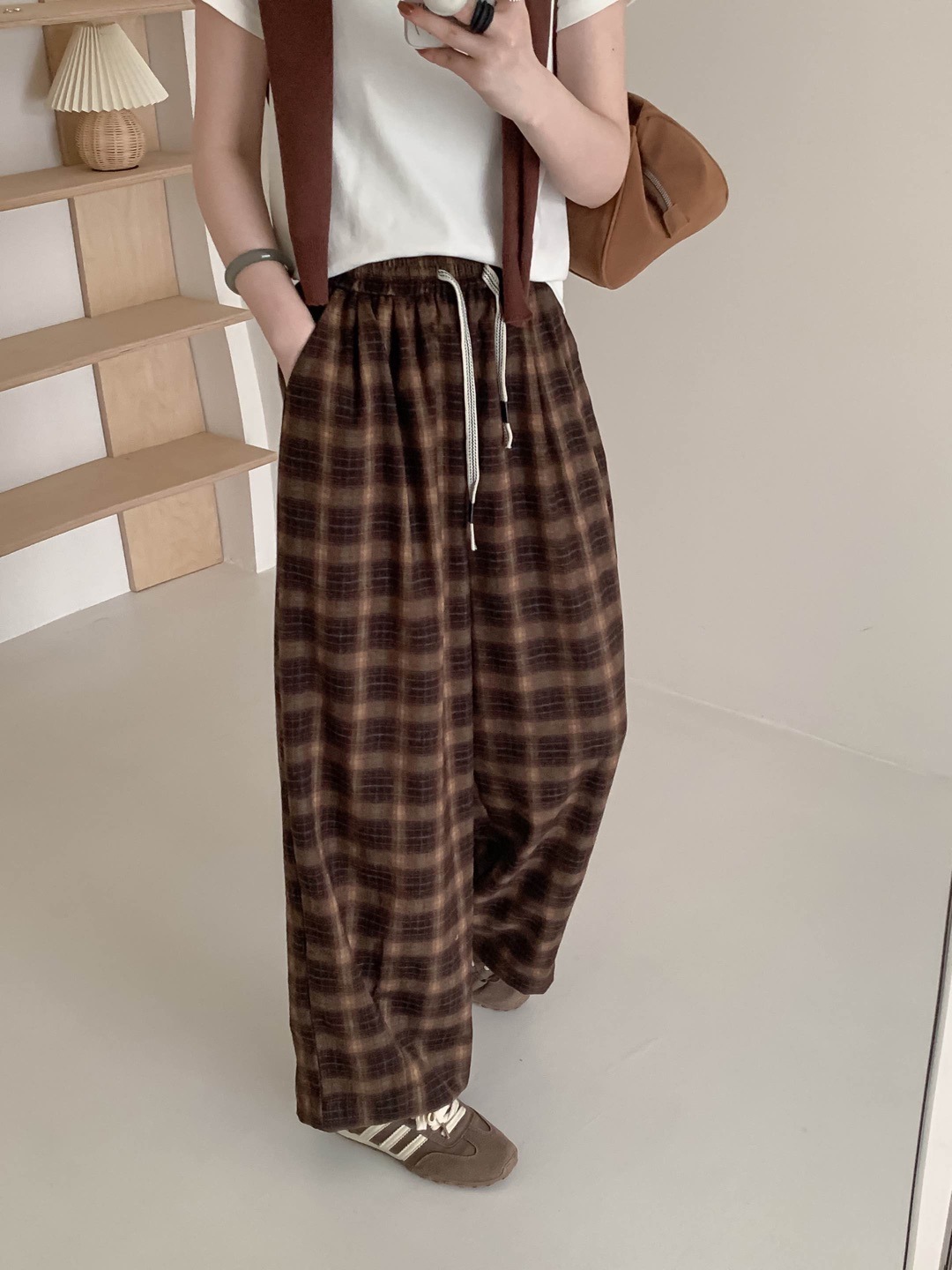 Lazy Style Brushed Plaid Casual Pants for Women Autumn WideLeg Pants Loose HighWaist FloorLength Pants ZMC1 241017