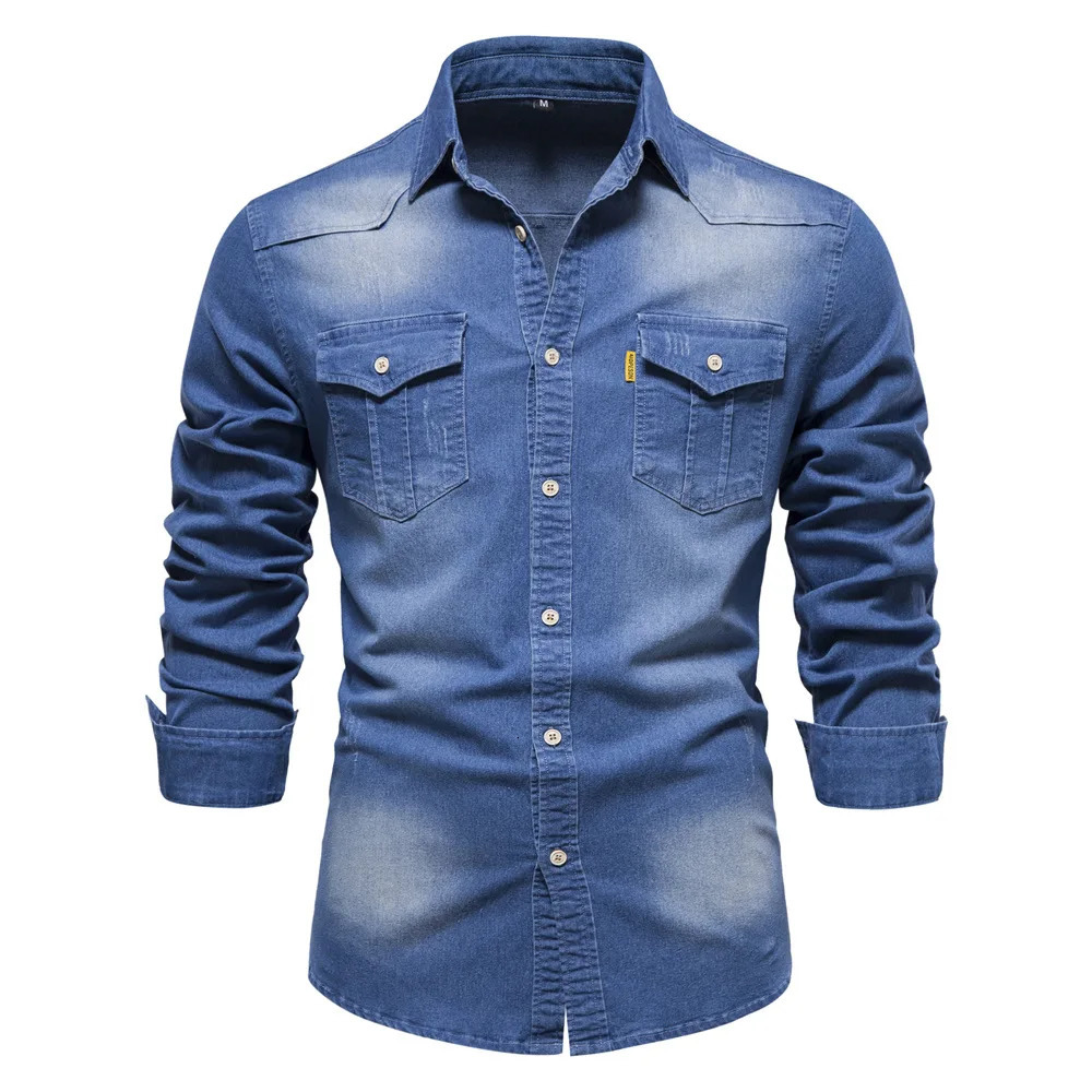 Elastic Cotton Denim Shirt High Quality Men Long Sleeve Solid Color Pocket Shirts for Casual Slim Fit Mens Clothing 251211