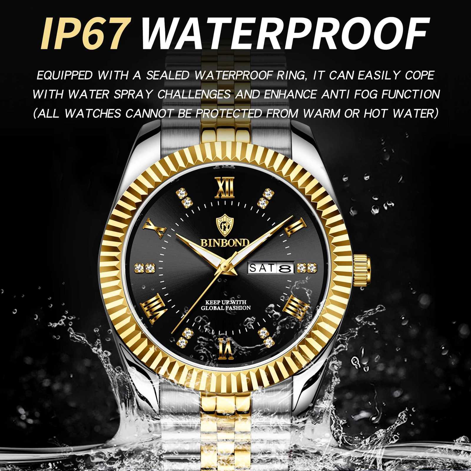BINBOND Luxury Brand Man Waterproof Luminous Date Week Mens Quartz Wrist Stainl Steel Fashion Sports Men es M251222