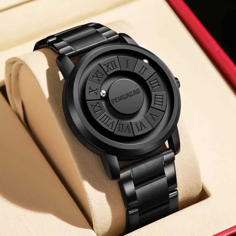 PENGAGAR Mens es Stainl steel Quartz Creative Scrolling Pointer Magnetic Force Wrist Clock Relogio Mascino box M251222