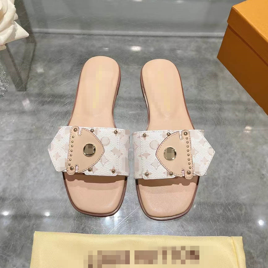 Women's Frame Flat Mule side durable Leather outsole Circle signature casual-chic style wide front strap gold-tone Beach slippers lock it mule 12.03 03