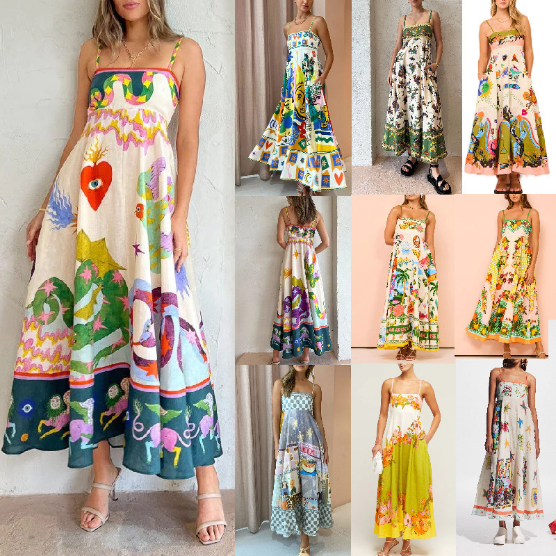 2024 New Casual Long Dress Womens Strap Print Linen 9 Colors Large Swing Dress 210422