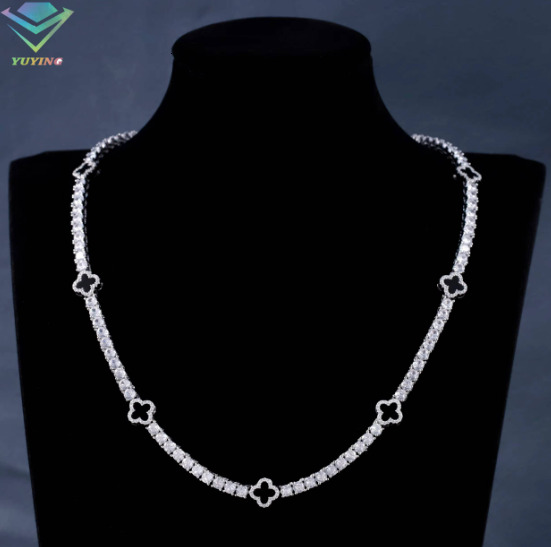 Iced Out 3mm 4mm 5mm 925 Silver Moissanite Diamond Tennis Necklace Clover Flower Design Chain Jewelry for Men and Women