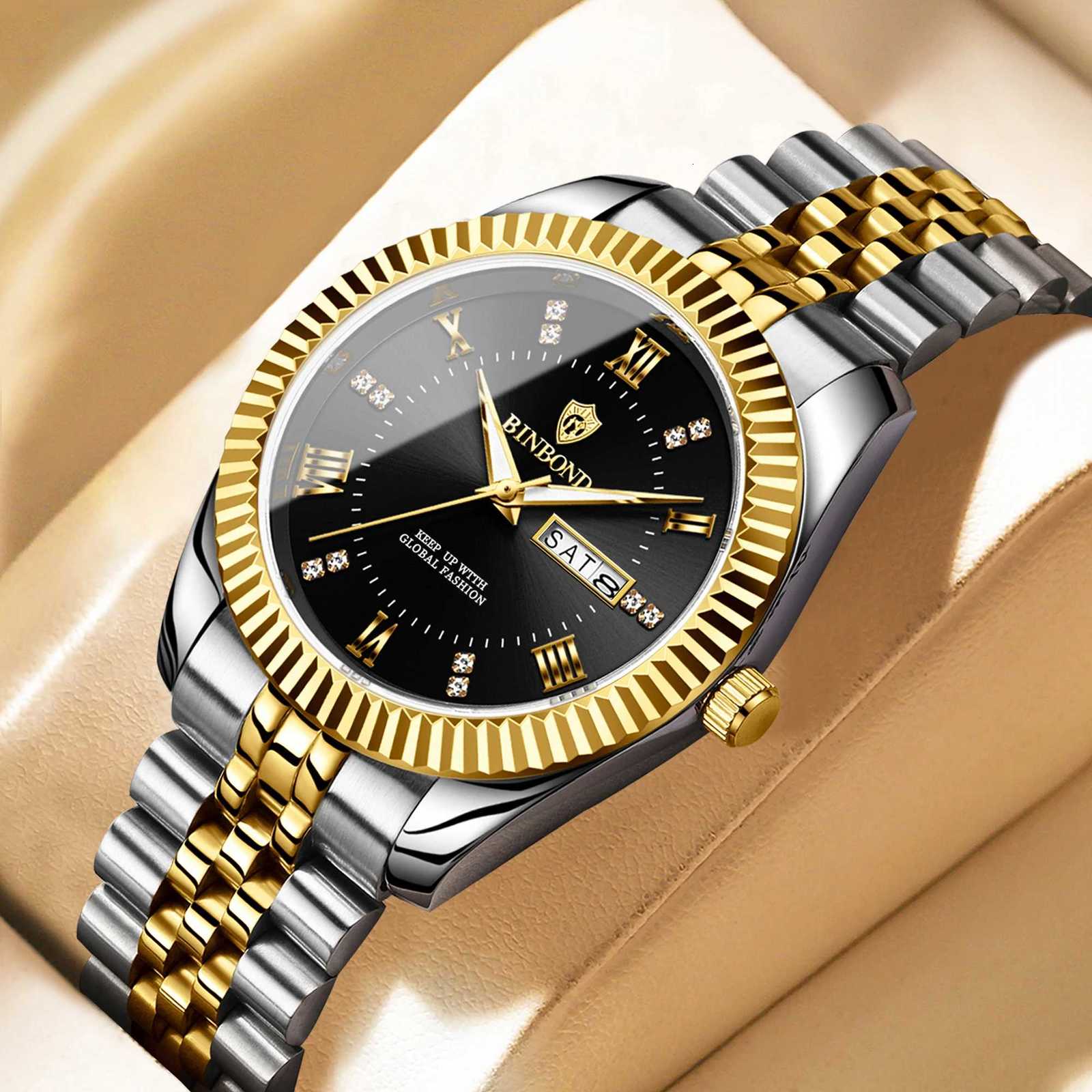 BINBOND Luxury Brand Man Waterproof Luminous Date Week Mens Quartz Wrist Stainl Steel Fashion Sports Men es M251222