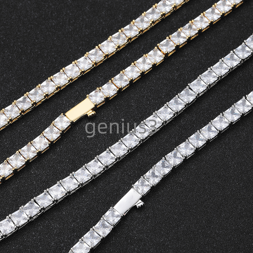 Fine Jewelry Hip Hop Style Womens 5mm 18K Gold Plated Brass Shiny Square moissanite Tennis Chain Necklace Gifts