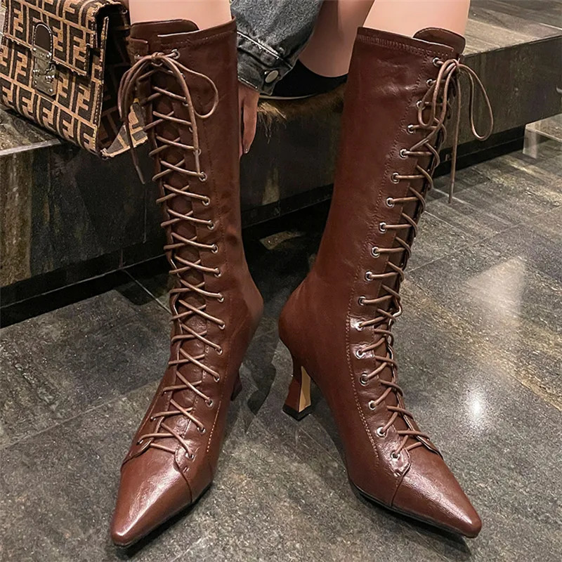 Fashionable And Sexy High-Heeled Pointed Lace Up Elastic Boots Slim Boots Leg Hugging Boots Back Zipper Lace Up Knee High Boots 251217