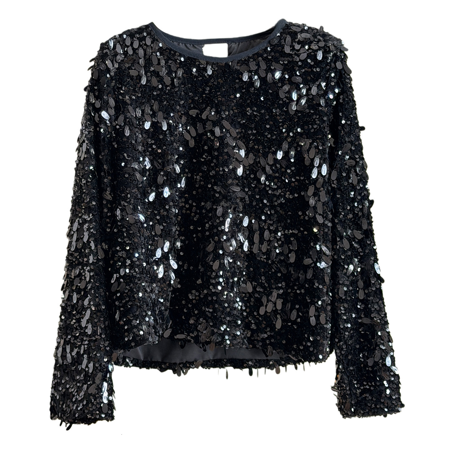 High-end Korean Style Heavy Sequin Round Neck Blouse for Women Spring Autumn Winter 2025 New Elegant Long Sleeve Top 210414