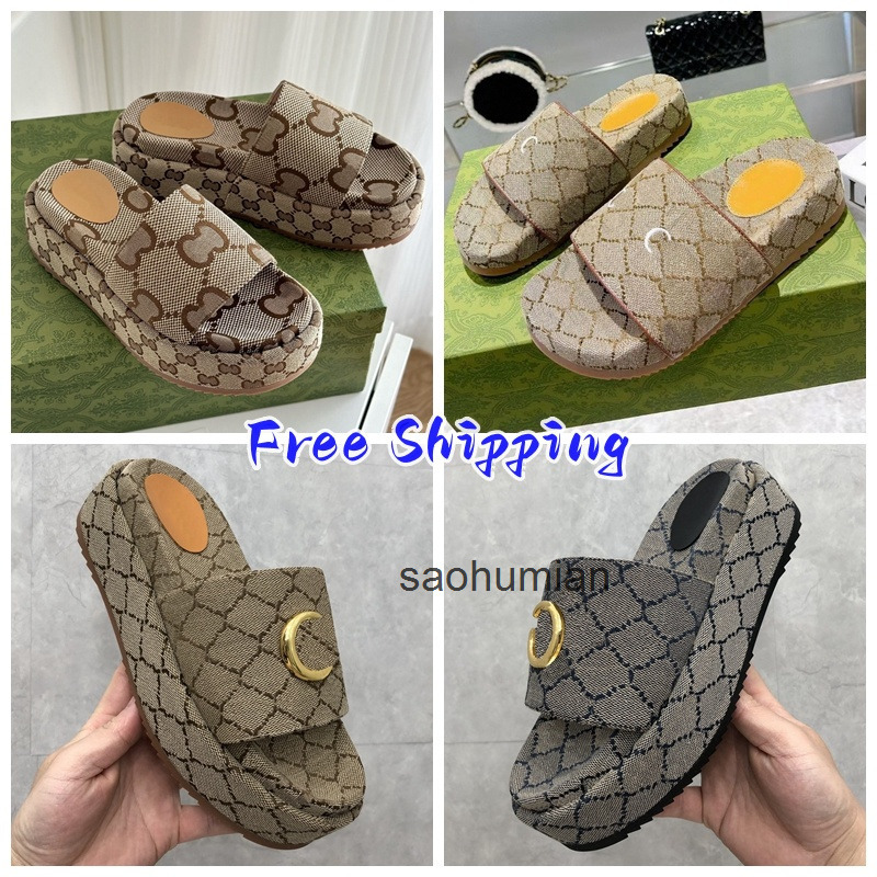 Embroidered Canvas Mules Designer Style Platform High Heel Sandals for Women Summer Fashion Sliders gucciis guccis gg guccisneaker guccishoe TO64