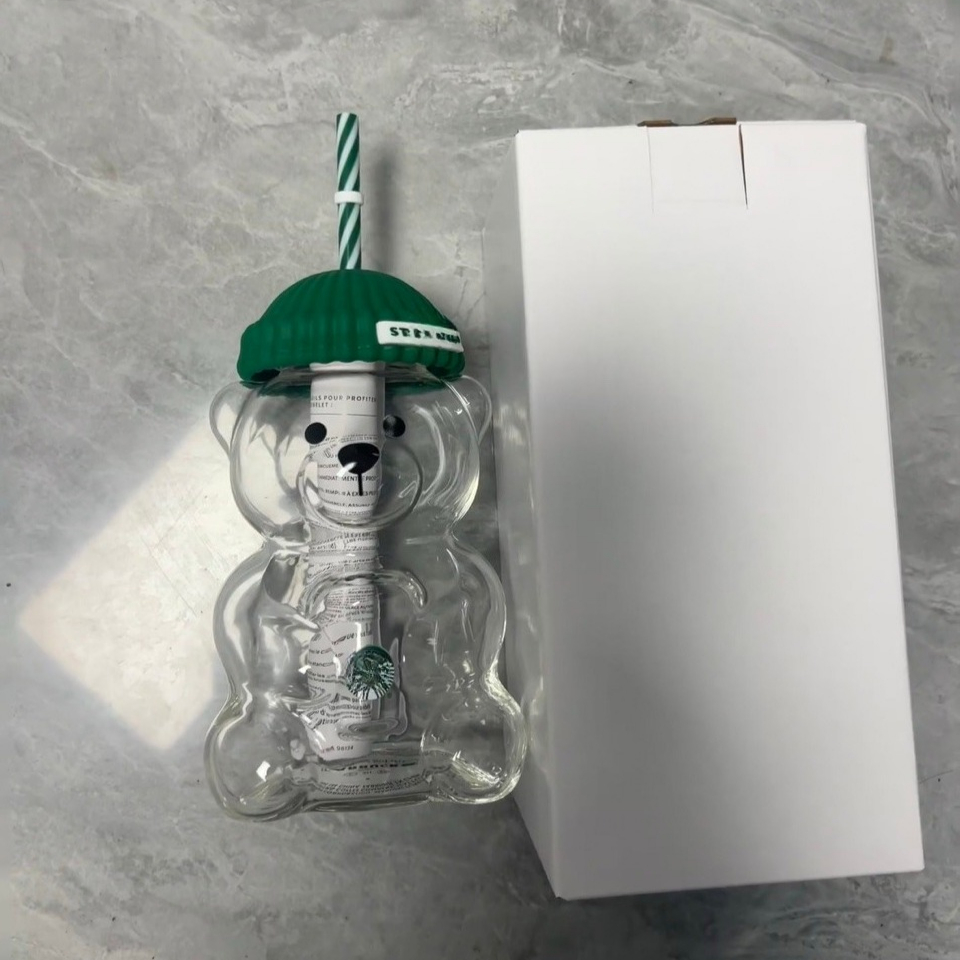 US Warehouse 20oz Glass Bear Cup Bearista Green Bear Series Limited Edition With Hat Glass Jar Cold Cup Tumbler Straw Holiday Gift Mug Valentine'
