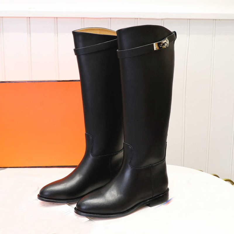 Curved-edge low heel tall boot smooth Vegetable tanned calfskin Slip-On Buckle decoration Round Toes knee-high riding boots women luxury designers brands shoes