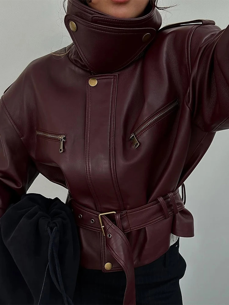 Burgundy Waist Cinching Leather Jackets Women Solid Lace Up Stand Collar Zipper Bucket Bomber Coat Lady High Street Outwear 251222