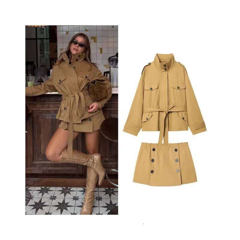 Hipseam Mid Waist Pants Set Women Casual Autumn High Collar Short Trench Coat Shorts Button Skort Female Outfit