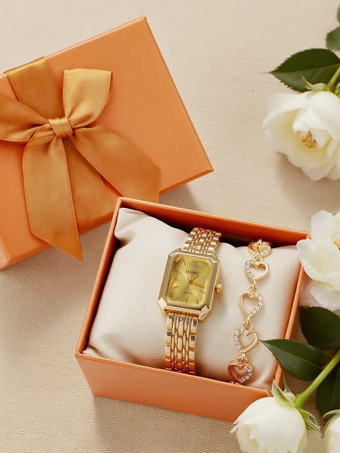 Fashionable simple square dial steel band wens quartz diamond set of 2 suitable for daily wear holiday M251222