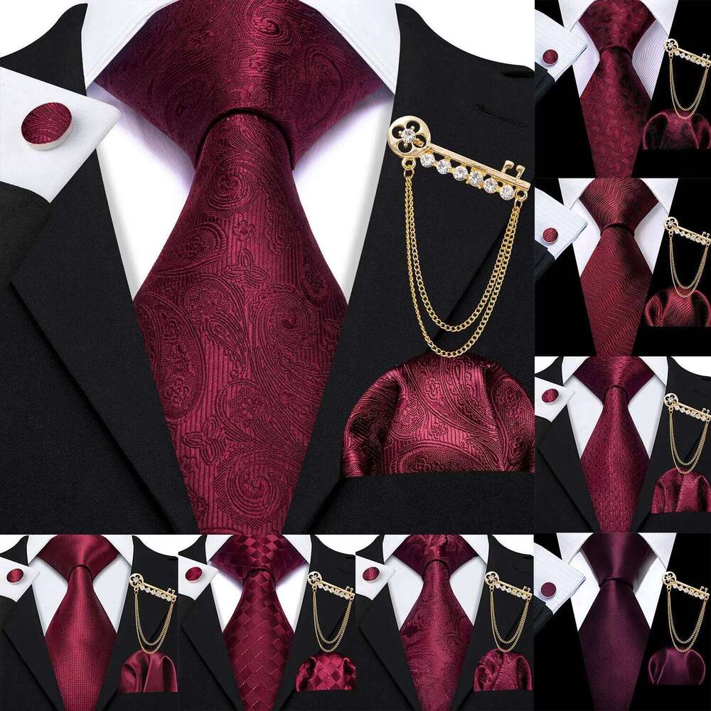 Barry.Wang Burgundy Silk Mens Tie Hanky Cufflinks Brooch Set Jacquard Red Wine Maroon Necktie Collar Pin For Male Wedding Events 25H1222