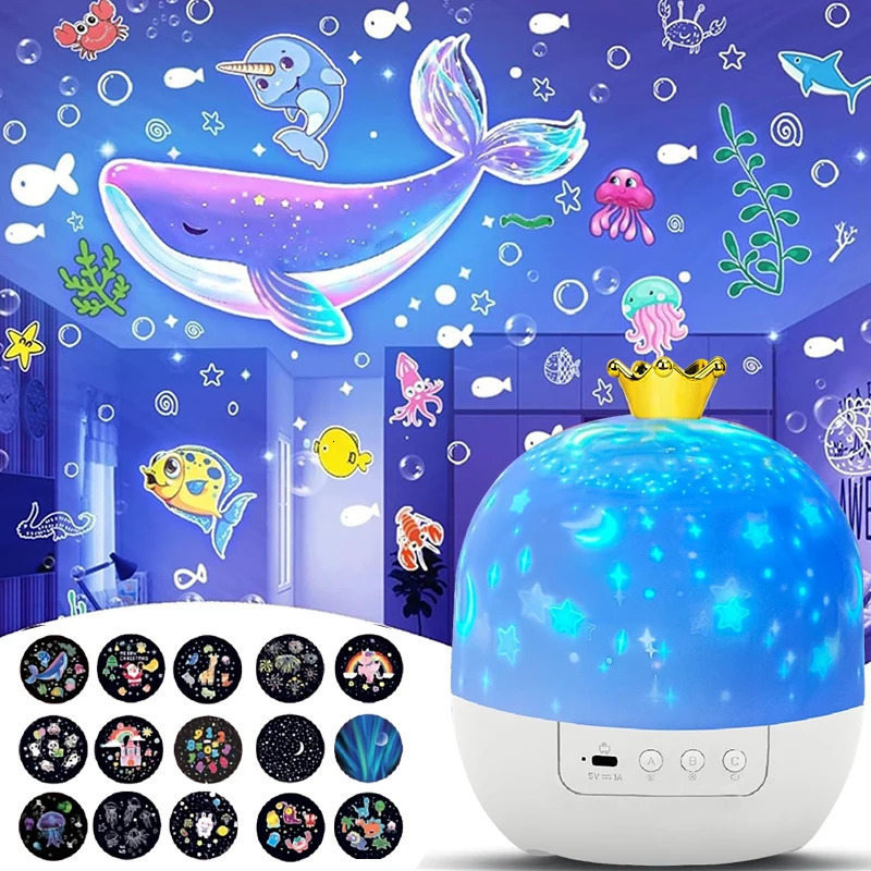 Crown Star Light Projection Rotating Bedroom Ceiling Atmosphere Night Lamp Stars Childrens Birthday Gift with Films Sheet 251222