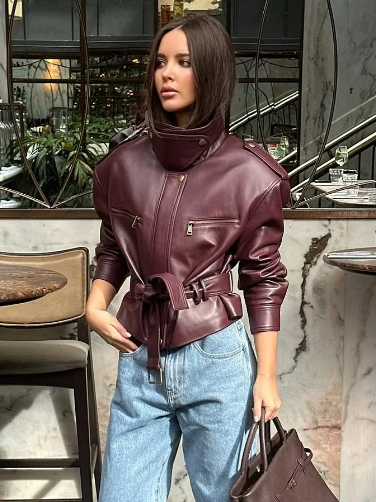 Burgundy Waist Cinching Leather Jackets Women Solid Lace Up Stand Collar Zipper Bucket Bomber Coat Lady High Street Outwear 251222