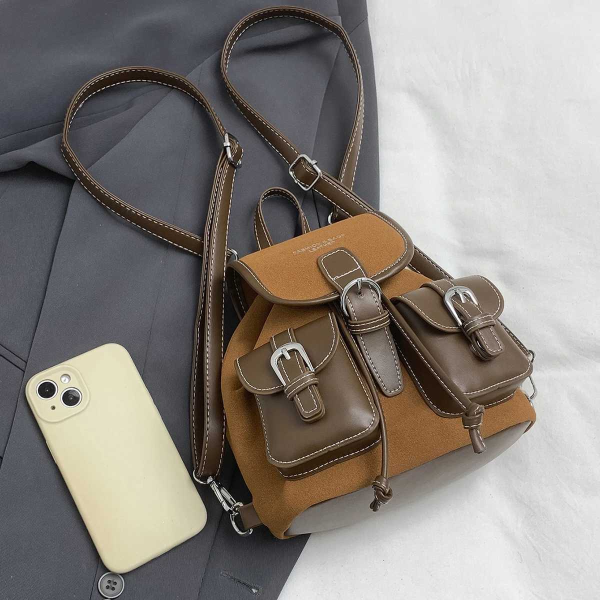 Autumn and Winter Suede Backpack for Work and Commuting Versatile Womens Travel Backpack College Student School Bag Shopping Fashion Mobile Phone BagM