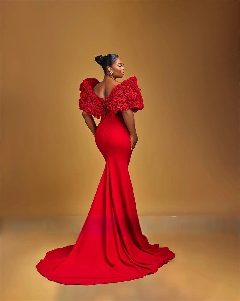 Aso Ebi African Red Mermaid Prom Dresses Ruched V-Neck Short Sleeves Long Satin Evening Gowns 2026 Chic Pageant Special Occasion Dress D0312