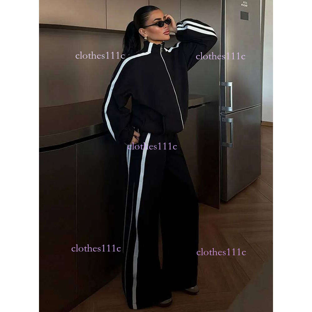Stripe Contrasted Sweatshirt Pant Set Women Casual Stand Collar Full Sleeve Zippers Sport Coat Wide Leg Trousers 2 Piece Sets