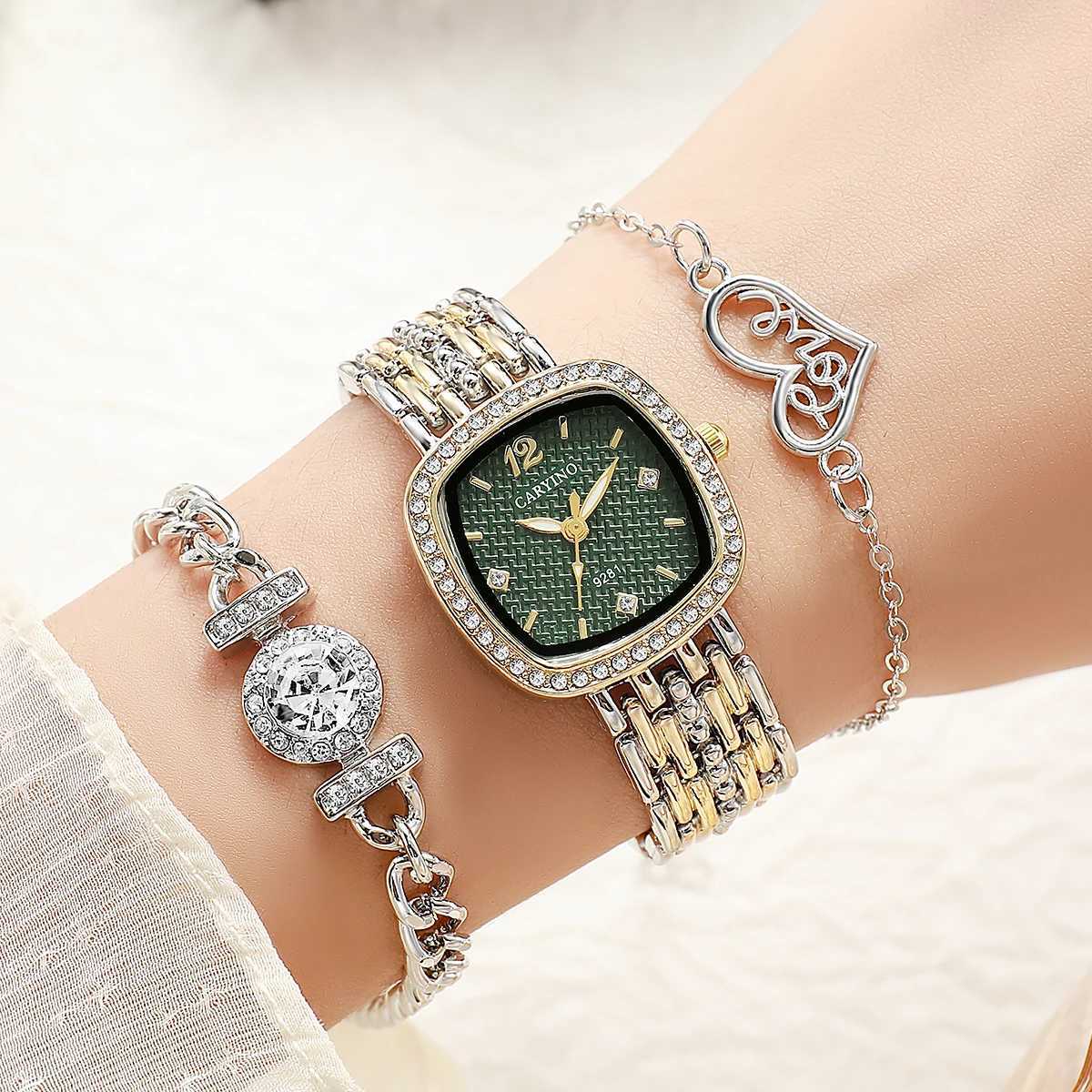 French Elegant Square Diamond-Embedded Quartz Set for Wen with Retro Green Dial a High-End Gift M251222