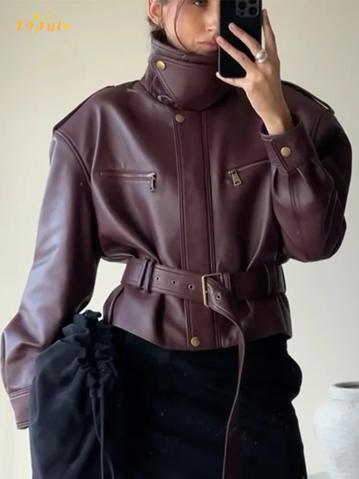 Burgundy Waist Cinching Leather Jackets Women Solid Lace Up Stand Collar Zipper Bucket Bomber Coat Lady High Street Outwear 251222