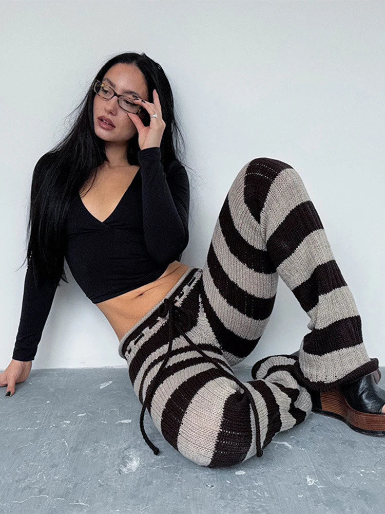 Kliou Stripe Patchwork Long Pants Woman Autumn Trend Crochet Shirring Elastic High Waist Skinny Peach Hip Street Style Bottoms 251222