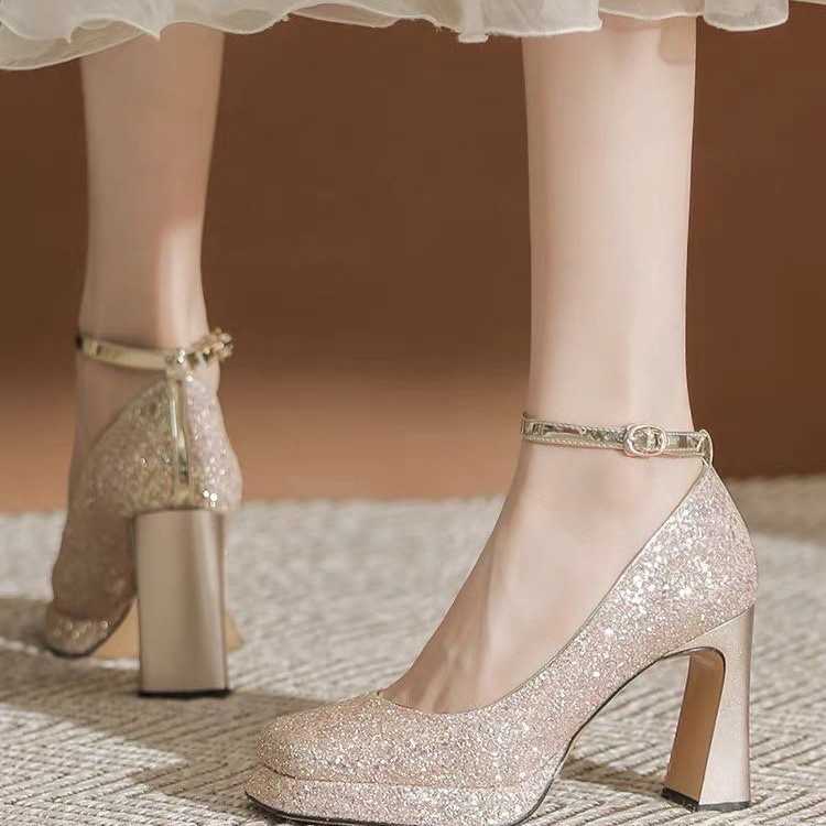 Waterproof platform thick heel new style Mary Jane crystal shoes one buckle wedding shoes bride shoes for short people square head high heels women's shoes J251222