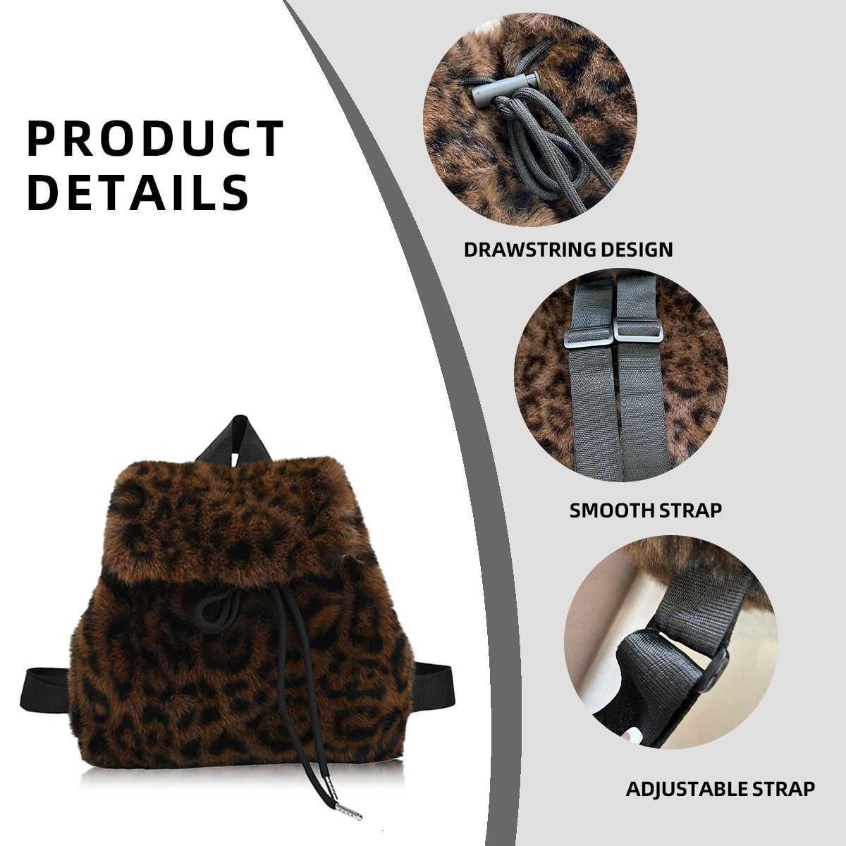 Korean Style Cute Leopard Print Faux Fur Backpack New Autumn and Winter Casual Furry Bag Plush Small Backpack for Commuting to WorkM251222