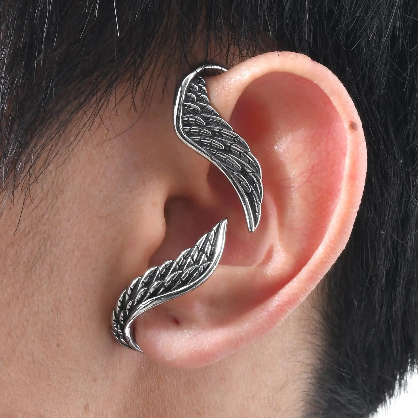 Vnox Punk Mens Wing Wrap Earrings Vintage Stainless Steel Feather Earring ClipsGothic Animal Snake Dragon Valkyrie Ear Cuff 251219